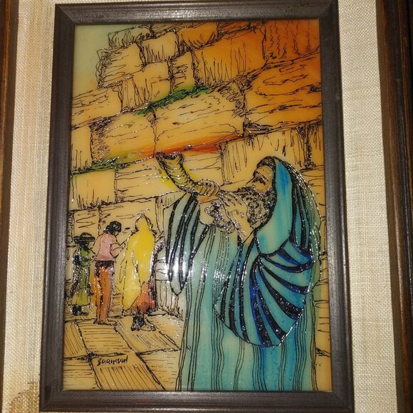 Vintage Mexican Reverse Glass Painting Rabbi Blowing Shofar In Wooden Frame - Picture 6 of 13